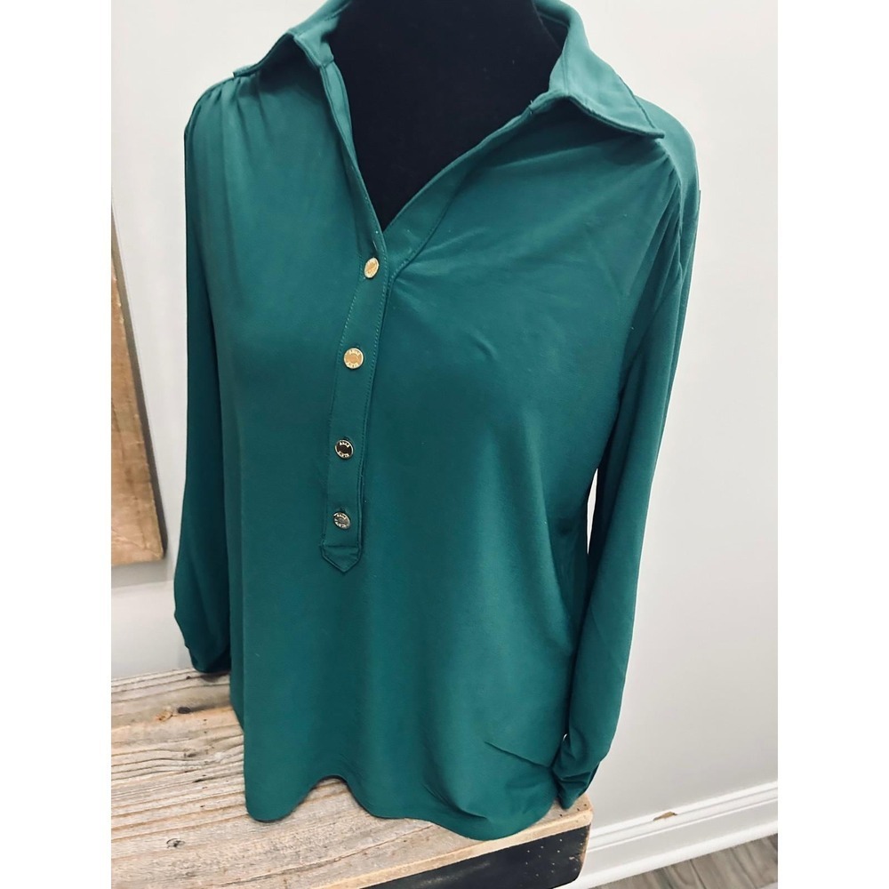 Anne Klein Womens Small Hunter Green Henley Blouse Gold Logo Buttons Long Sleeve - Picture 7 of 9